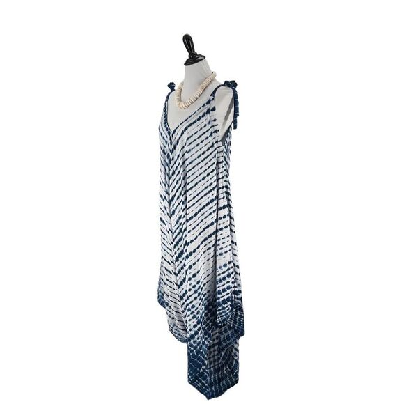 The Pō`alima Romper Blue/White V-Neck V Back Shoulder Tie  Boho Gypsy  Wide Leg - Picture 9 of 15